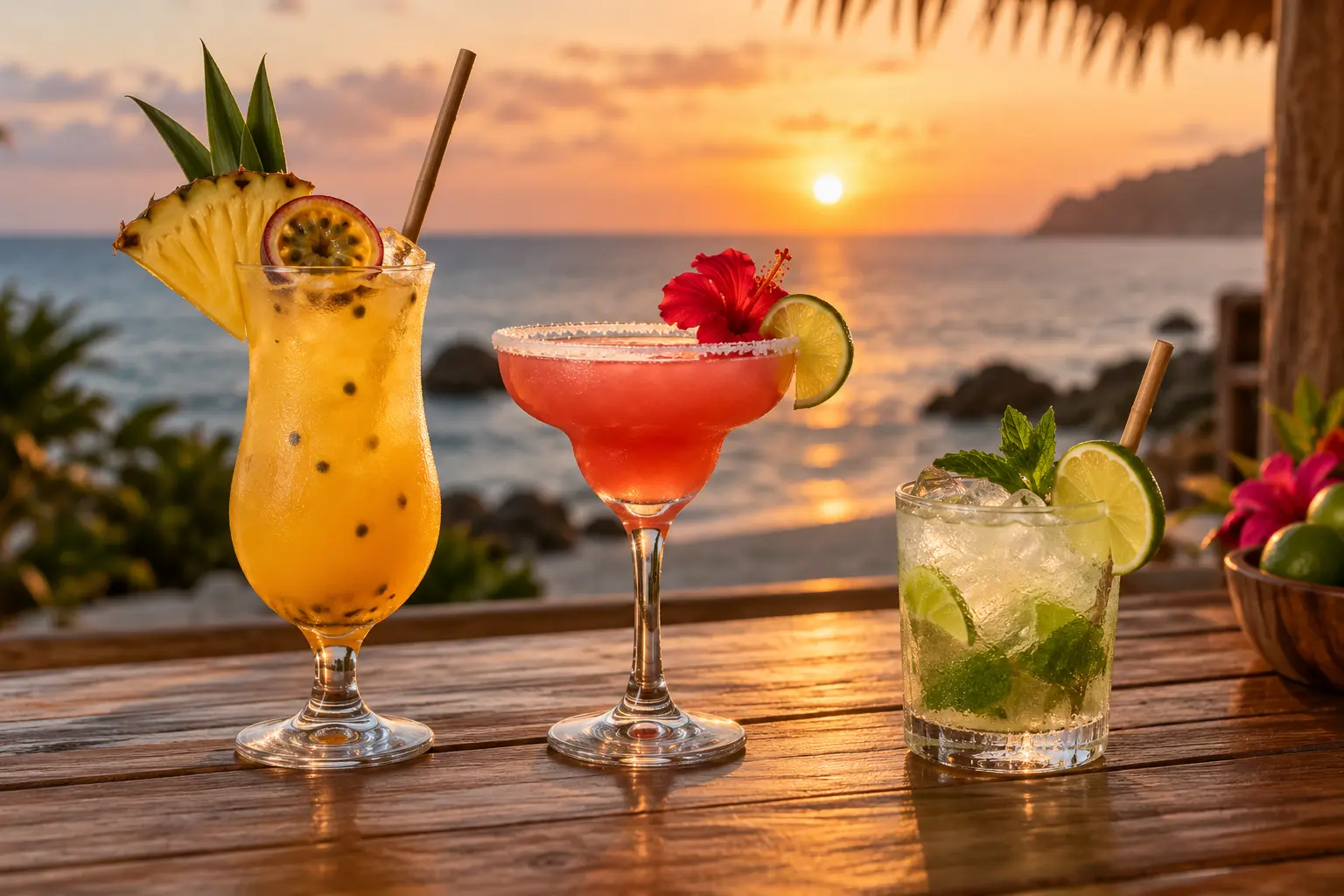Tropical cocktails at sunset