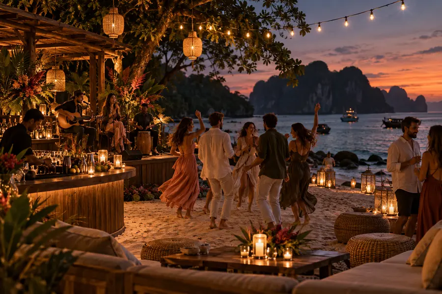 Exclusive beach party with music and bar