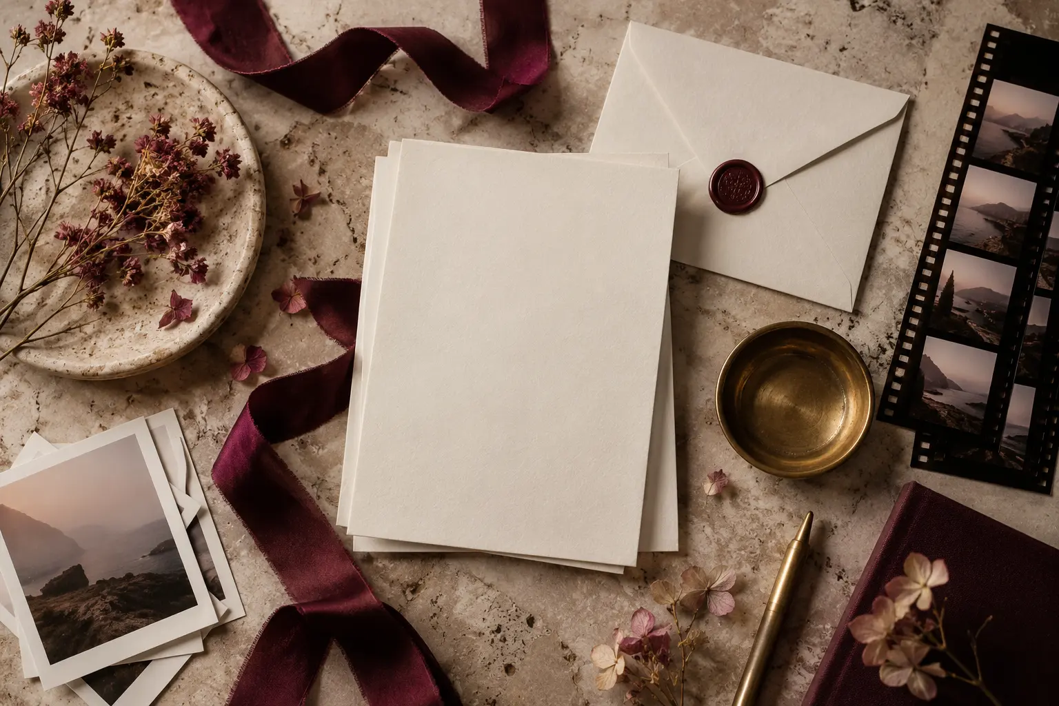Visual brand story with paper, photographs and burgundy ribbon