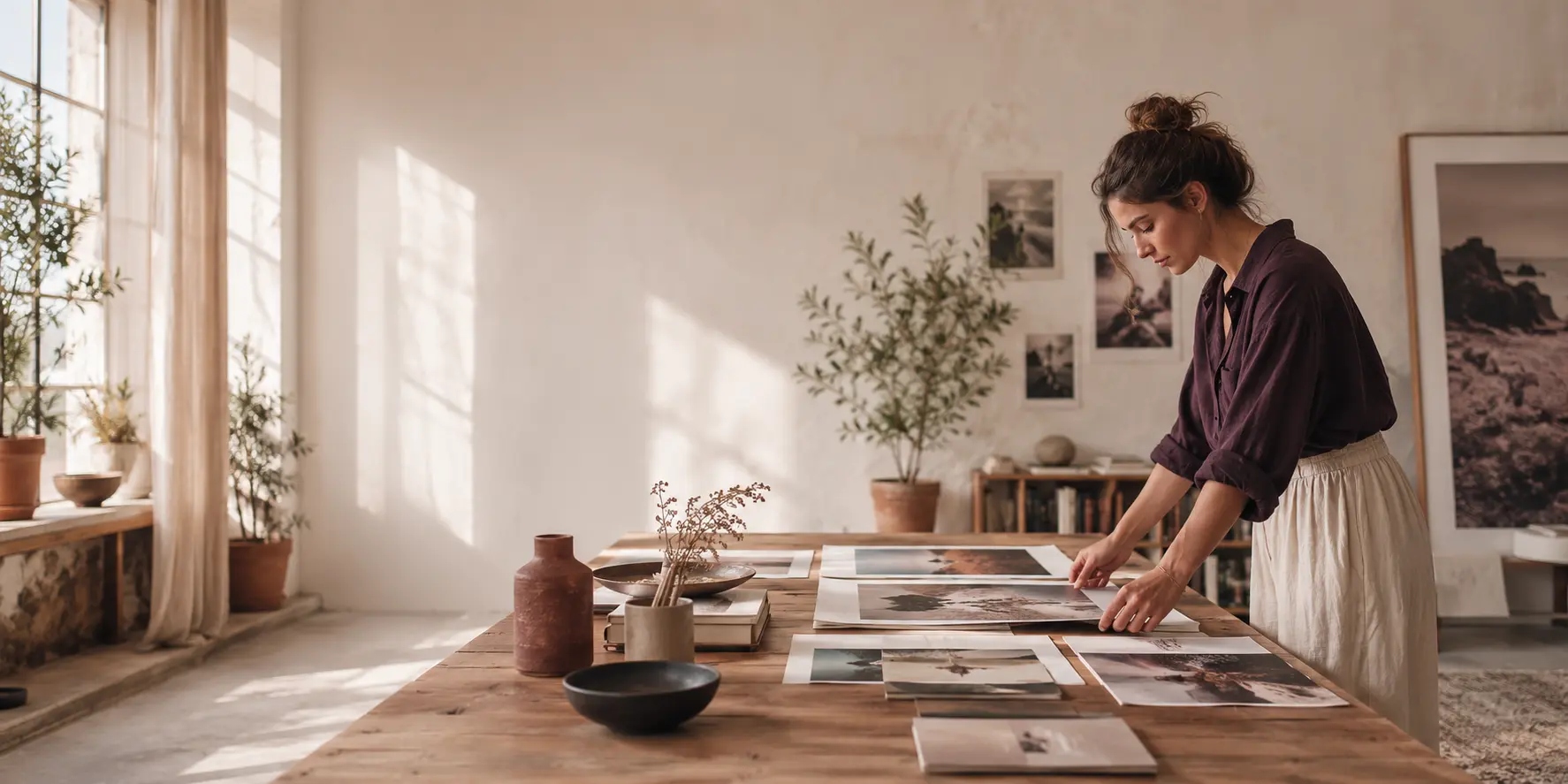 Creative director Lena arranging photographs in her studio