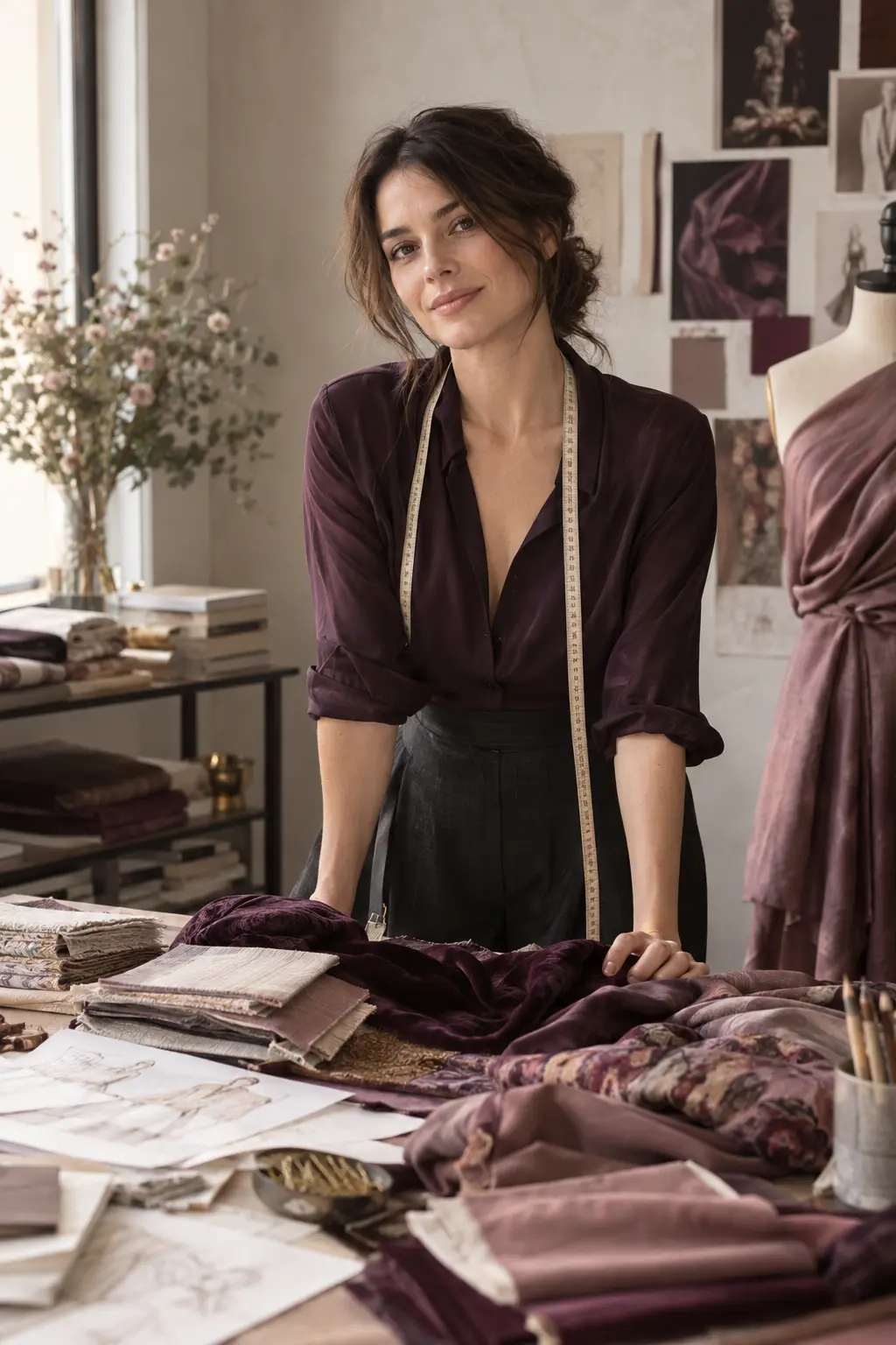 Editorial portrait of a fashion designer in her atelier